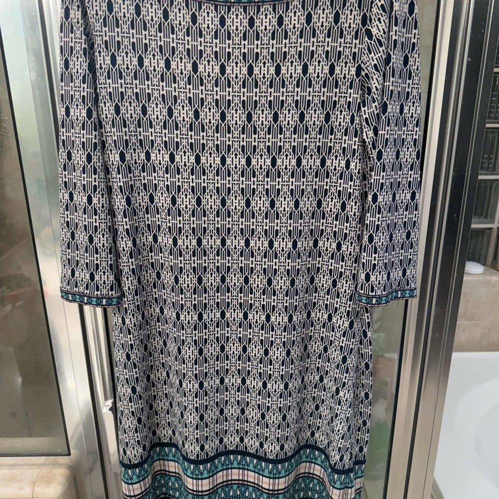 Max Studio Navy and White Geometric Long-Sleeve Dress with Teal Trim